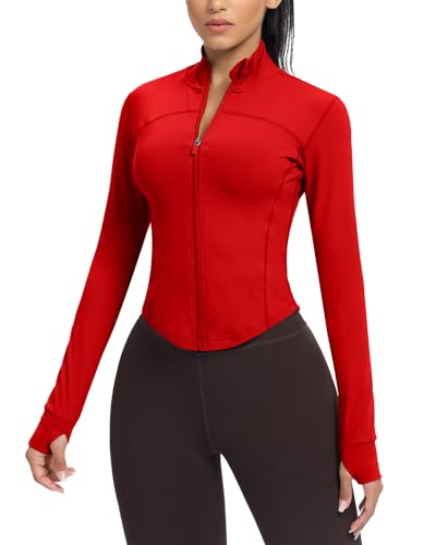 AVGO Women's Cropped Running Workout Jackets Zip Slim Fit Athletic Tops with Thumb Holes(Red, M)