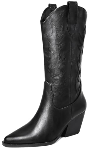Mostrin Cowgirl Cowboy Boots Square Toe Mid-Calf Boot Chunky Block Heeled Pull On Western Boot