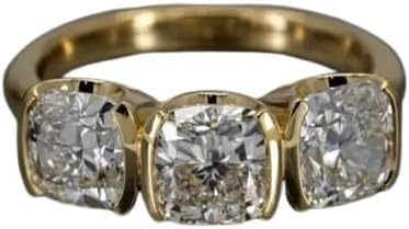 Finecreation_usa-3.00Ct Cushion Cut Lab Created Diamond Half Bezel Set Woman's Three Stone Wedding Ring 14K Yellow Gold Finish