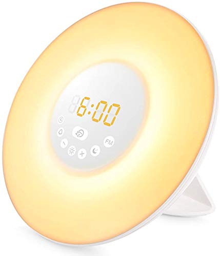 Luz Despertador, Wake Up Light con Simulación de Amanecer y Anochecer, 2 Alarmas, 7 Luces de Colores, 8 Sonidos Naturales, Radio FM, USB Recargable Luz de Mesa de Nocturna LED para Familia