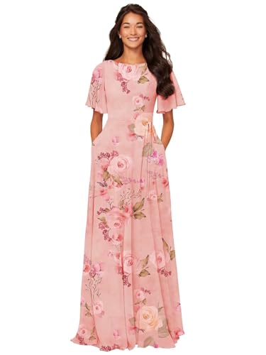Image of petyoo Chiffon Flutter Sleeve Bridesmaid Dresses with Pockets Sash Long A Line Formal Dress