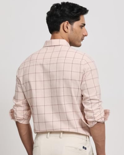 Image of MUFTI Men Smart Casual Shirt | Slim Fit Full Sleeve Spread Collar Windowpane Checks | Cotton Linen Blend Button Placket with Embroidery for Office Wear
