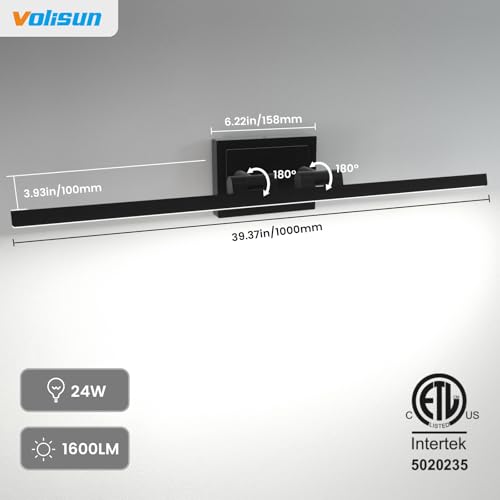 VOLISUN Modern Bathroom Vanity Light 39.4 inch, Rotatable, 24W Dimmable 5CCT Led Bathroom Light Fixture Over Mirror, Black Bar Vanity Light for Bathroom Mirror Cabinets-ETL Certificated