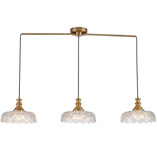 HDDFL Vintage Pendant Lighting Fixtures Modern Glass Hanging Lamp with Adjustable Cord for Kitchen Island Dining Room Hallway 3 Light Brass and Clear