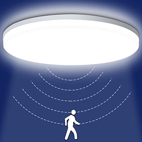 LED Deckenleuchte mit Bewegungsmelder, 15W 1500LM Deckenlampe mit Bewegungsmelder 4000K, IP54 Wasserfest Einstellbar Sensor Lampe für Garage, Keller, Wäscheraum, Küche, Balkon, Bad, Diele, Ø22cm Cover