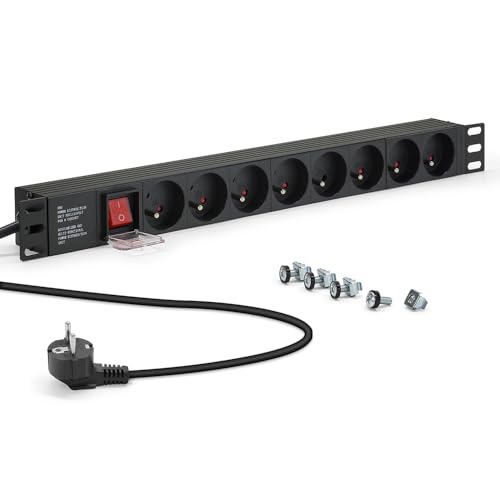 Multiprise Rackable 19 Pouces, Bandeau 8 Prises Schuko avec Interrupteur, Fixations Pattes métal pour Rack 19 Pouces, Câbles 1,80m, fiche CEE 7/7