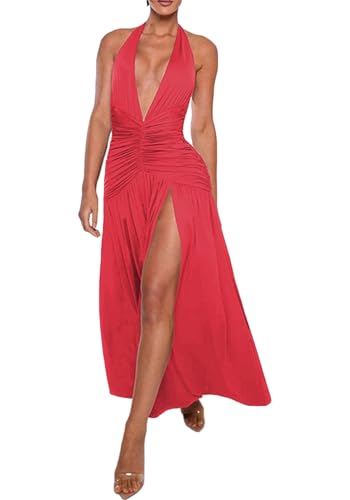 Image of Famnbro Womens Sexy Halter V Neck Dress Sleeveless Low Back Side Slit Summer Party Cocktail Club Maxi Dresses