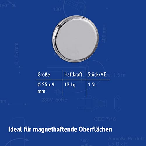 Image of Maul Neodymium Power Magnet, High Adhesion, Strong Mini Magnet for Magnetic Boards and Boards or Magnetic Tapes, 1 Piece (Diameter 25 mm - 13 kg)