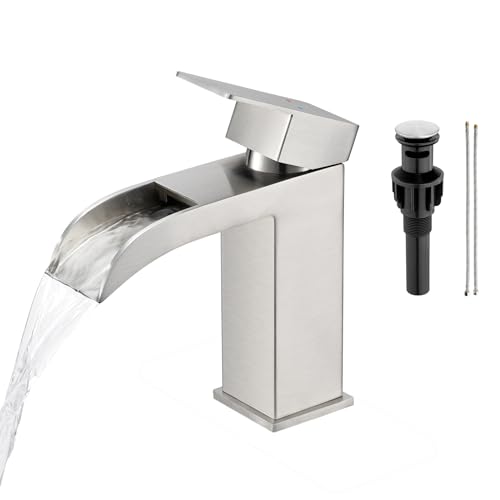 ubeegol Grifo lavabo baño de cascada,Grifo baño cascada con caño abierto,Grifos para lavabos de baño de acero inoxidable con desagüe,Grifo mezclador de un solo agujero cuarto de baño,cepillado