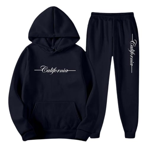 Generisch Chándal con capucha de dos piezas de moda para hombre como atuendo deportivo de calle con pantalones de chándal para ocio activo, marine, 3XL
