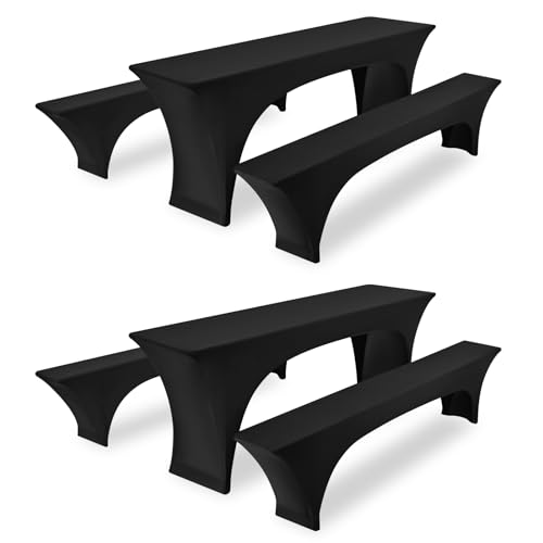Zwei 3er-Sets Elastische Biertischhussen, Schwarze Biertisch und Bankabdeckung,50 cm Tischbreite, 220 x 50 x 70 cm Bierzeltabdeckung für Bankett-Partys im Freien Bierbank