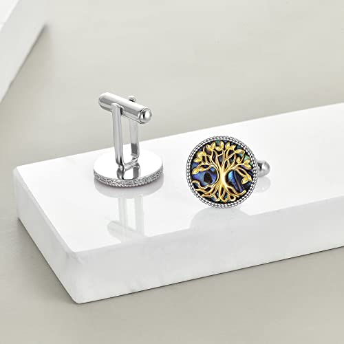 YAFEINI Tuxedo Cufflinks for Men Sterling Silver Tree of Life Men's Round Cuff Links with Abalone Shell Family Tree Business Wedding Groomsmen Gifts Suit Shirt Accessories for Men Father2