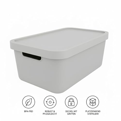 Plastard Aufbewahrungsboxen mit Deckel 7,5 L, 4er-Set, Grau, BPA-frei, Stapelbar, Ordnungsbox für Küche, Bad, Büro, Kinderzimmer, Regale – Robuste Kunststoffbox, Kleiderbox