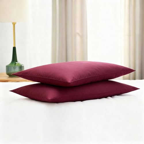 Image of Flat Ultra Thin Bed Pillows King Size Pillow Set of 2 Extra Soft Down Alternative for Stomach Back Sleeper Burgundy 20x36inches