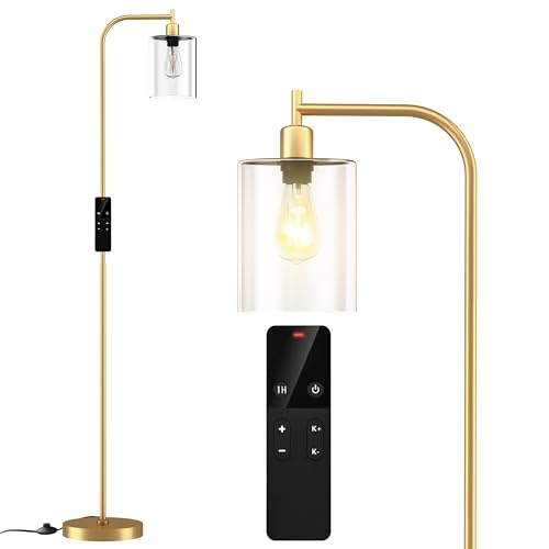 Wio-Mio Industrial Floor Lamp with Glass Shade, Modern Dimmable Floor lamp with Remote LED Bulbs, Tall Lamp for Living Room Corner, Bedroom, Office (Gold)