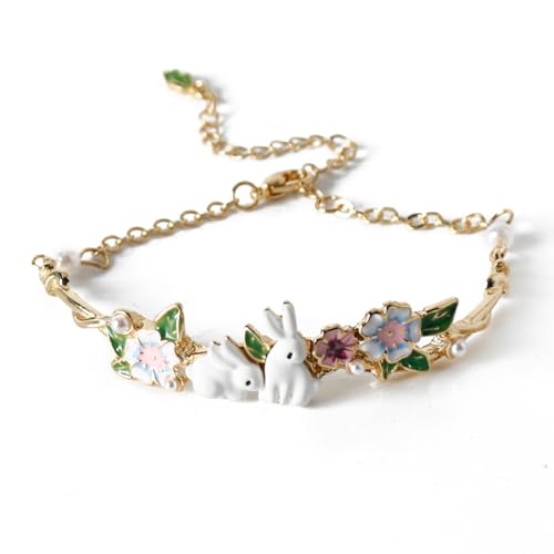Cute Charm Bracelets For Women Easter Bunny Rabbit With Flower Bangle Bracelet Adjustable Wristchain Gifts