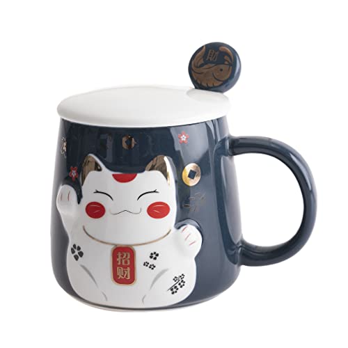 lachineuse – Taza en relieve, diseño de gato Maneki Neko, color azul, acompañada de una cuchara – Decoración japonesa – Idea de regalo de Japón Asia