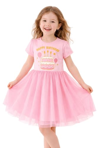 HILEELANG Girls Tulle Dress Birthday Cake Print Puff Sleeve Pink