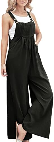 Ksiliup Womens Overalls Casual Adjustable Cotton Linen Overalls for Women Loose Fit Bib Wide Leg Jumpsuit with Pockets (as1, alpha, l, regular, regular, Black)