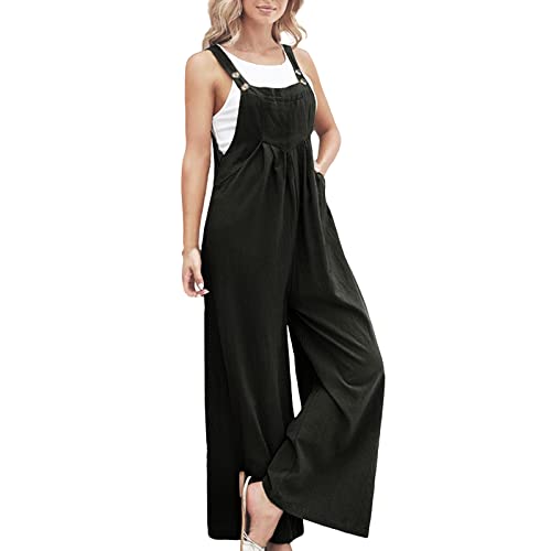 Ksiliup Womens Overalls Casual Adjustable Cotton Linen Overalls For Women Loose Fit Bib Wide Leg Jumpsuit With Pockets (As1, Alpha, L, Regular, Regular, Black) #TOP2