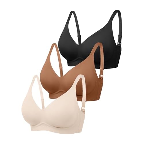Jelly Bras for Women - S-2XL Seamless Wireless Padded Bralette with Support, Comfy Everyday T-Shirt Bra No Underwire Black+coffee+beige Medium