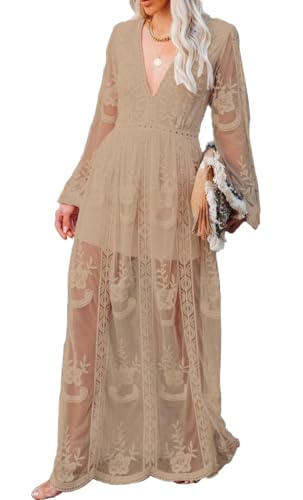 Women Fall V Neck Embroidered Lace Maxi Wedding Dress Long