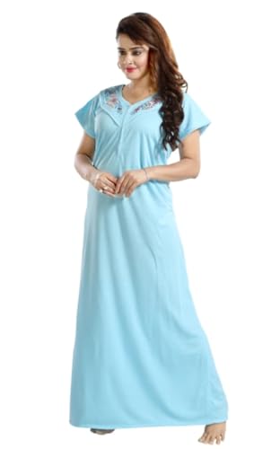 Image of Onekbhalo Women's- Full Sleeves-Feeding- Nursing- Maternity Nighty /Maxi /Gown /Nightdress /Nightwear- Hosiery Cotton Fabric- Floral Print- Embroidery with Zip