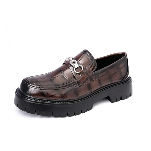 Men's Checkered Pattern Chain Platform Loafers Comfortable Non-Slip Lug Sole Business Formal Leather Shoes Patent Leather Wide Toe Work Casual Dress Shoes