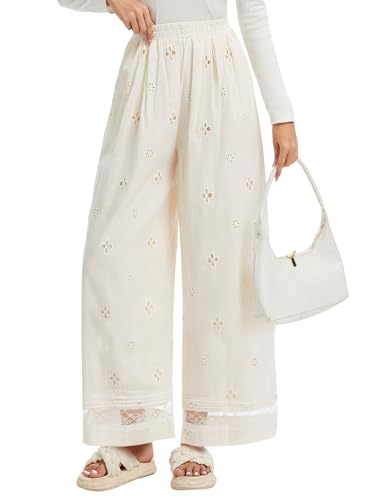 Women's Wide Leg Cotton Palazzo Pants with Eyelet Embroidery Elastic Waist Lace Trim3