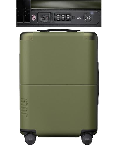 July Carry On with CaseSafe - 20 Built in Tracking Airline Approved Carry On Luggage with Wheels Travel Suitcase for Men & Women - Polycarbonate Shell USB Ports & Ejectable Battery - Moss