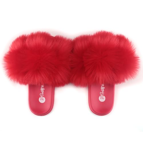 Image of Women's Faux Fur Slides, Open Toe Cute Fur Slippers, Indoor or Outdoor Comfortable Furry Slide Sandals With Fluffy Fur