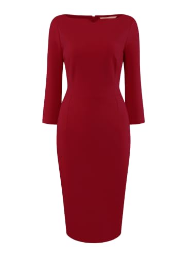 Image of Hobemty Women's 3 /4 Sleeve Pencil Dress Boat Neck Elegant Wear to Work Midi Sheath Dresses