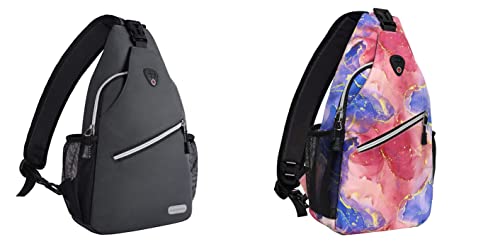 Mosiso 2 Pack Sling Backpack, Multipurpose Travel Hiking Daypack Rope Crossbody Shoulder Bag, Space Gray&Pink Blue Gold Marble #TOP23