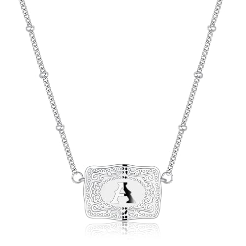 Mini Belt Buckle Initial Necklace for Women, 18K Gold/Silver Plated Initial Letter Pendant, Belt Buckle Necklace with Initial, Unique Western Jewelry Gifts for Women