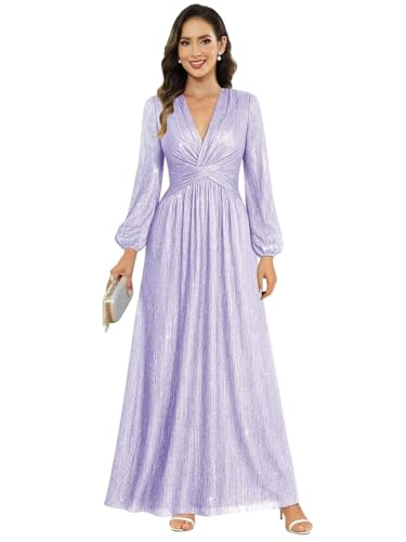 Image of Women's Formal Wedding Guest V Neck Glitter Sequins Mother of The Bride Dresses Long Sleeve
