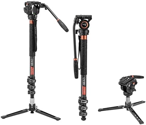 Cayer CF34 Carbon Fiber Camer Monopod Kit, 71 inch Professional Telescopic Video Monopods with Video Fluid Head and Folding Support Base for DSLR Video Cameras Camcorders, Plus 1 Extra Sliding Plate