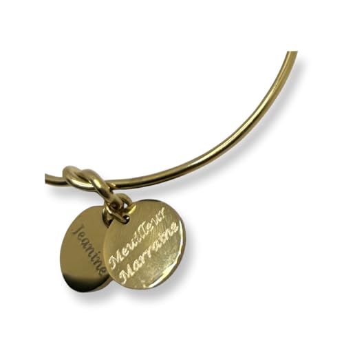 Bracelet jonc noeud 2 médailles gravées - cadeau marraine - 1 médaille avec prénom au choix - 1 médaille gravure meilleur marraine - or, argent ou or rose...