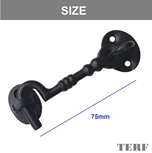 TERF® 75mm Heavy Duty Antique Black Cabin Door Hook and Eye Lock 75mm (3 inch) Cabinet Latch Catch including Fixing Screw For Door Gate Window Closet Shed Latch - Image 3