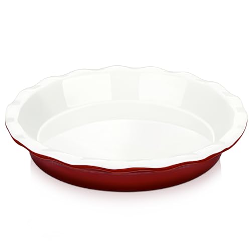 LOVECASA 10-Inch Ruffled Ceramic Pie Pan - Deep Baking Dish for Oven, Freezer, and Microwave, Red