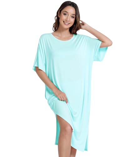 Image of NACHILA Women's Nightgowns-Viscose Made from Bamboo, Soft Sleepshirts Half Sleeve Nightshirt Cool Sleepdress with Pockets