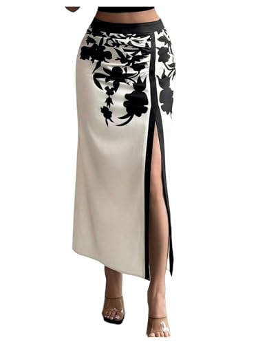 MakeMeChic Women's Work Floral High Waist Skirt Ruched Split Thigh Bodycon Maxi Skirts