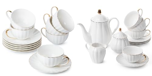 BTaT- Tea Cups and Saucers, Set of 6 (7 oz) with Gold Trim and Gift Box and Classic tea set, 13 pcs, Tea Cups (7oz), Tea Pot (32oz), Creamer and Sugar Set