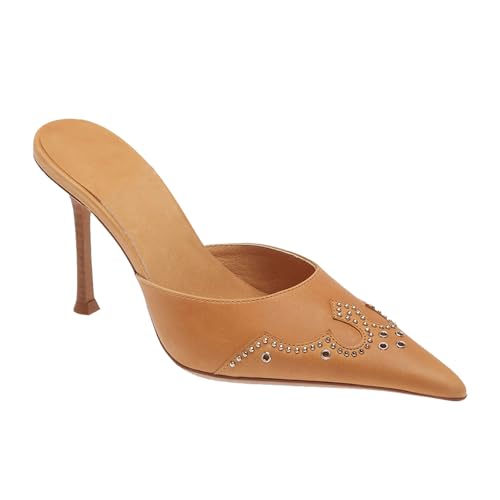 Tan Kitten Heels Mules for Women Studded Closed Pointed Toe Heels Sandals Slip on Dress Party Wedding Pumps