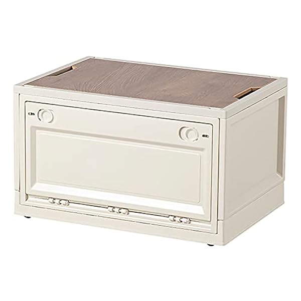 YCYUYK Opvouwbare opbergbak met houten deksel - grote capaciteit - opening aan de voor- en achterkant - stapelbare plastic opvouwbare opbergcontainers voor kofferbak, camping, picknick 【wit 40L】