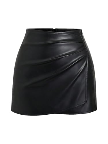 Floerns Women's PU Leather Skirt Mid Waist Ruched Slit Side Bodycon Mini Skirts