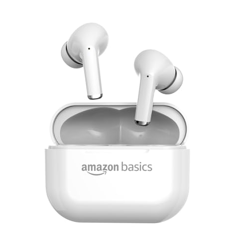 Image of Amazon Basics TWS Wireless in Ear Earbuds, Bluetooth 6.0 Earphones with Mic, 55H Playtime, Bluetrum 5656A Chipset, Compact 500 mAh Charging Case, Clear Calls, Ergonomic Design (White)