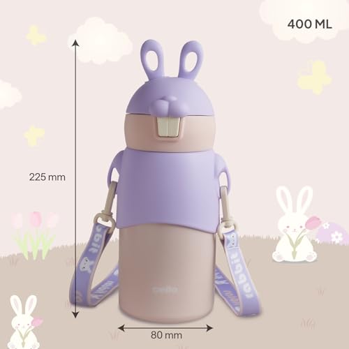 Image of Cello Bunny Kids Stainless Steel Flask 500ml, Purple | Double Walled Vacuum Insulated Technology | One Click Push Button to Open | Ideal for School, Sports, Picnics