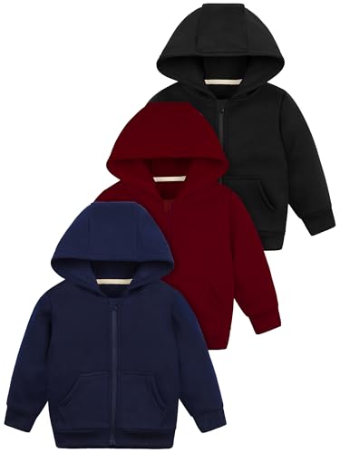 Cooraby 3 Packs Baby and Toddler Boys Long Sleeve Full-Zip Hoodies Infant Fleece Hooded Sweatshirts Jacket with Pouch Pockets