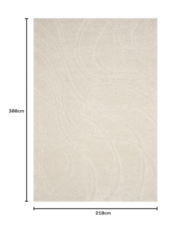 Image of Geometric Wave Shaggy Rectangular Carpet For Living Room,Bedroom,High Low Design Finish Microfiber 1.8 Inch Pile High,7X10 Feet Ivory|Ivory Color