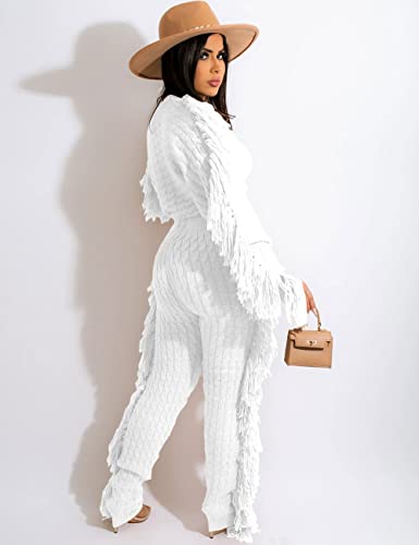Image of KANSOON 2 Piece Sweater Set for Women Cable Knit Fringe Crop Top and Pants | Cozy feel, ribbed high waist, comfortable stretch fit for birthday and chilly going-out outfits